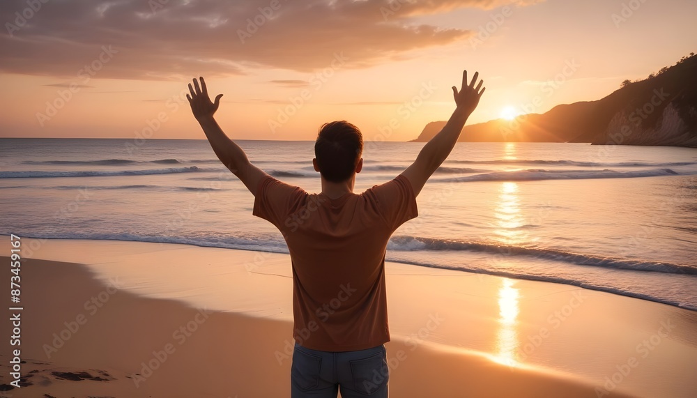 Fototapeta premium A traveling man raising up his arms in sunset at beach