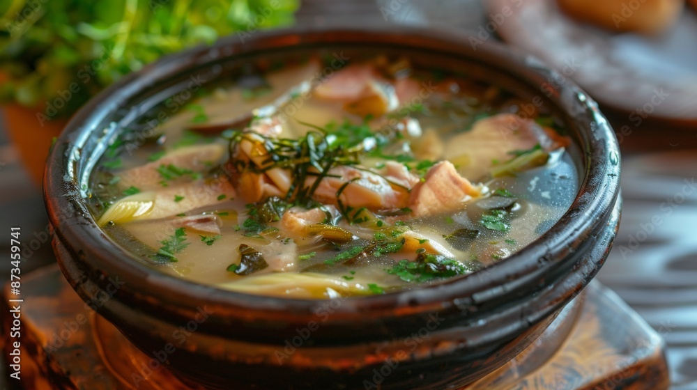 The national cuisine of Turkey. Trout soup with dogwood.