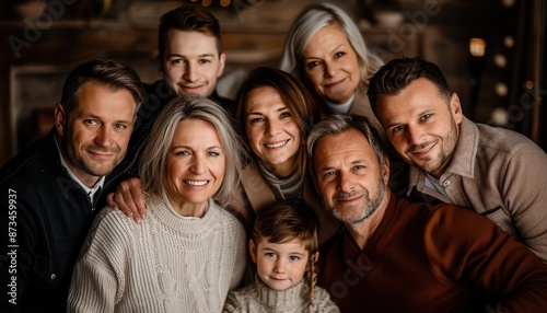 Multigenerational family portrait in a cozy living room
