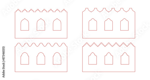 Line arabian wall with window, arch. Outline border with oriental pattern. Vector elements with city buildings