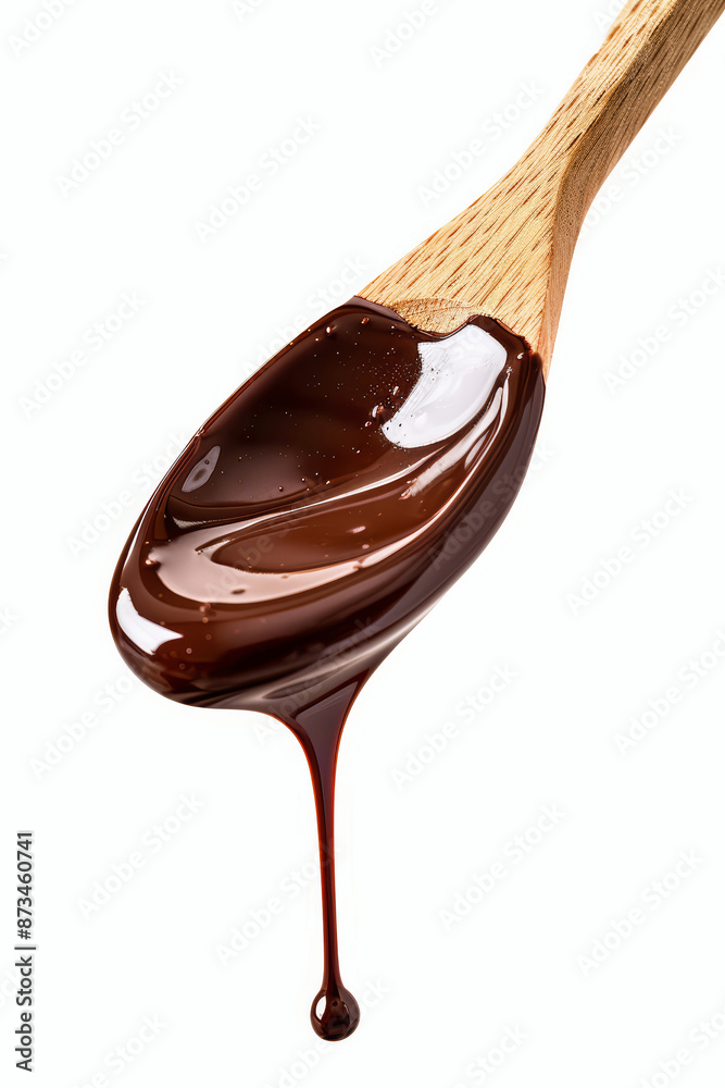 Liquid chocolate dripping from light wooden cooking spoon