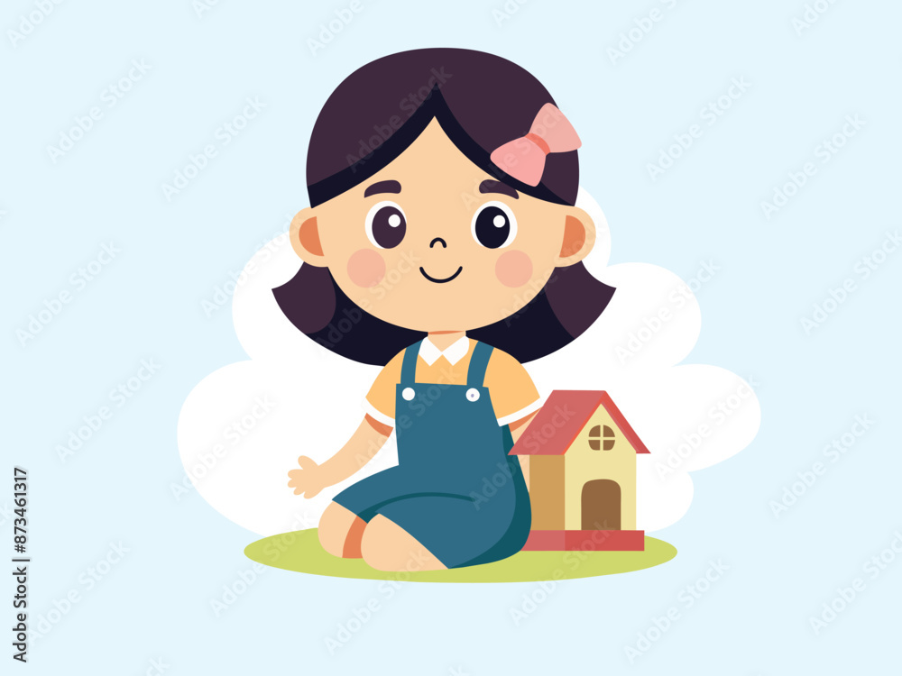 Illustration of a smiling girl sitting next to a toy house. Illustration of a smiling girl sitting next to a toy house.