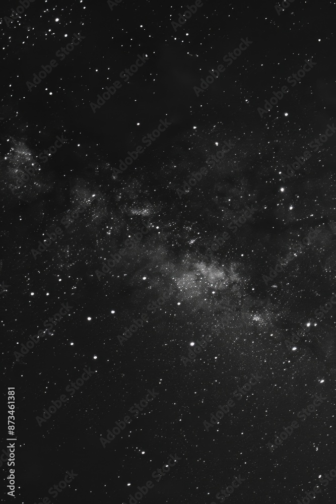 Fototapeta premium A black and white photo of a starry night sky. The stars are scattered throughout the image, creating a sense of depth and vastness. The photo evokes a feeling of wonder