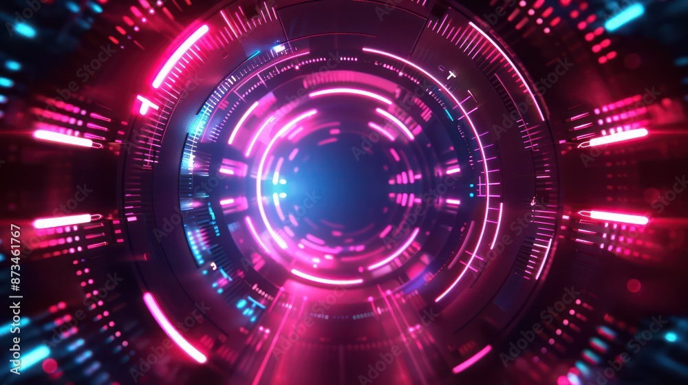 Futuristic neon tunnel with glowing lights and digital elements. Futuristic neon tunnel with glowing lights and digital elements.