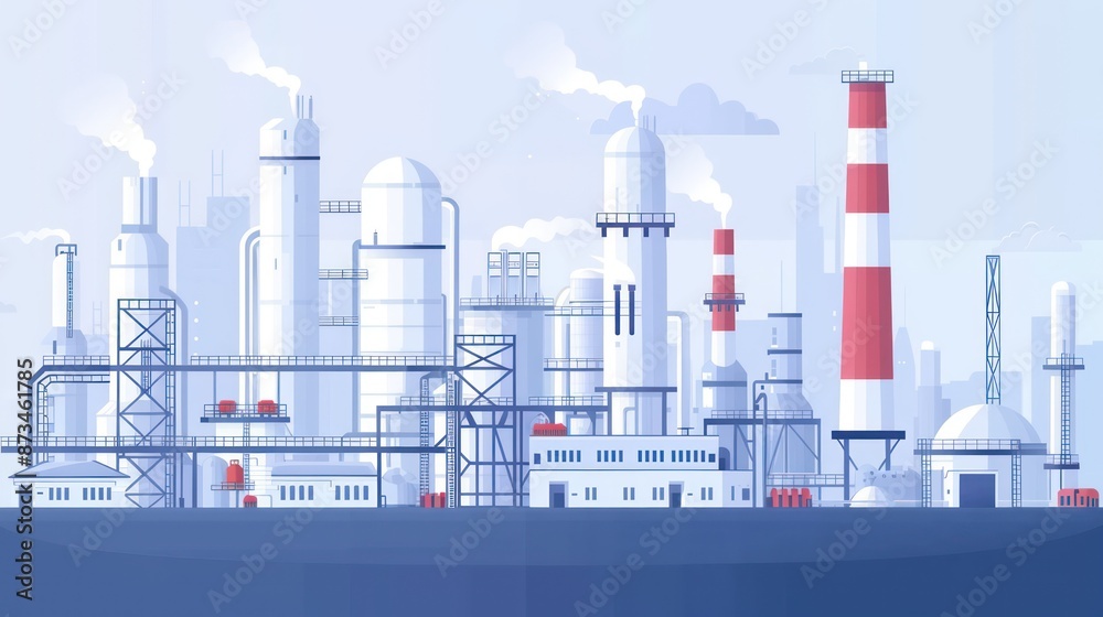 Obraz premium Illustrated industrial factory with white and red chimneys at dawn.