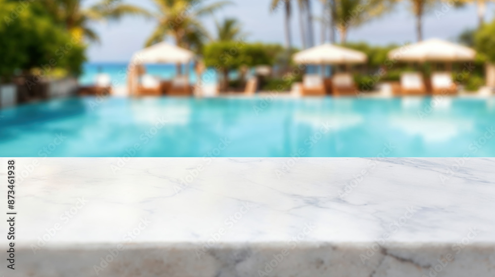 Fototapeta premium Luxurious resort backdrop with blurred swimming pool behind white marble tabletop for product display