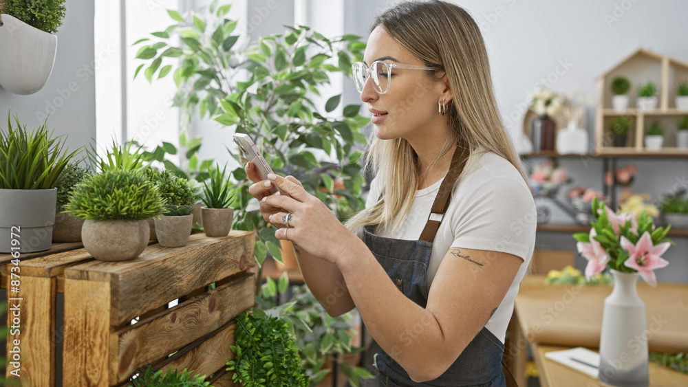 Blonde woman in apron using smartphone in indoor plant shop surrounded by greenery Blonde woman in apron using smartphone in indoor plant shop surrounded by greenery