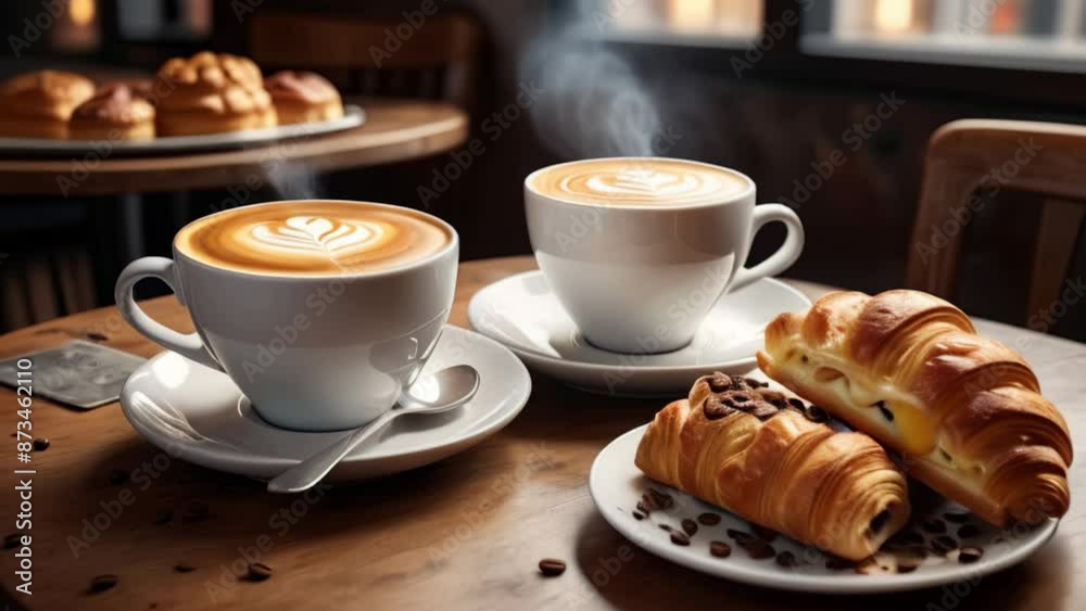 Confectionery product. Baking, steam animation on the background of a cafe Confectionery product. Baking, steam animation on the background of a cafe
