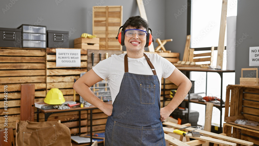 Smiling man wearing safety goggles and ear protection stands confidently in an organized carpentry workshop.