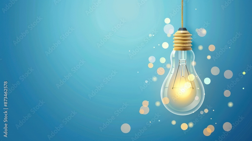 Glowing light bulb with bokeh effects against a blue background Glowing light bulb with bokeh effects against a blue background