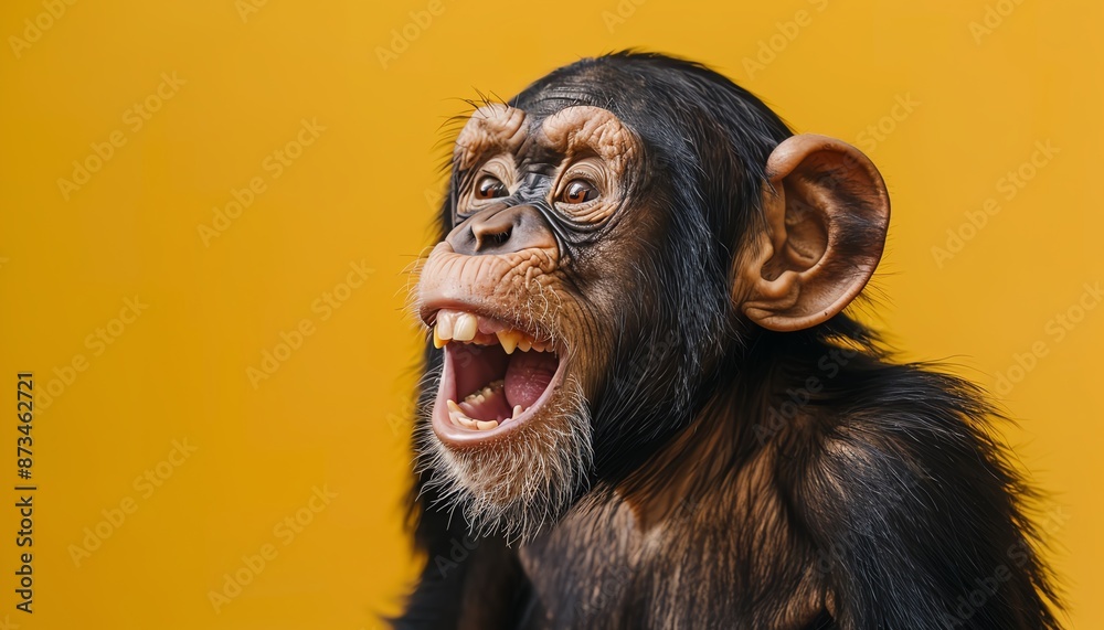 Chimpanzee laughing with wideopen mouth, yellow background Chimpanzee laughing with wideopen mouth, yellow background