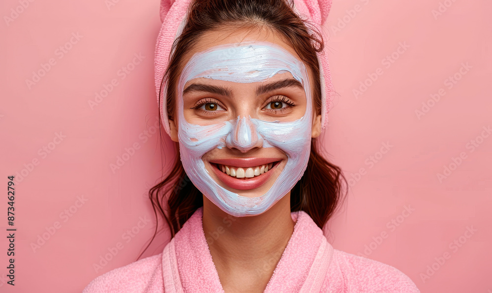 Happy Young Woman in Bathrobe Applying Hydrating Peeling Mask, Isolated on Pink Background, Morning Skincare Routine, Relaxing Spa Treatment, Self-Care and Wellness Concept Happy Young Woman in Bathrobe Applying Hydrating Peeling Mask, Isolated on Pink Background, Morning Skincare Routine, Relaxing Spa Treatment, Self-Care and Wellness Concept