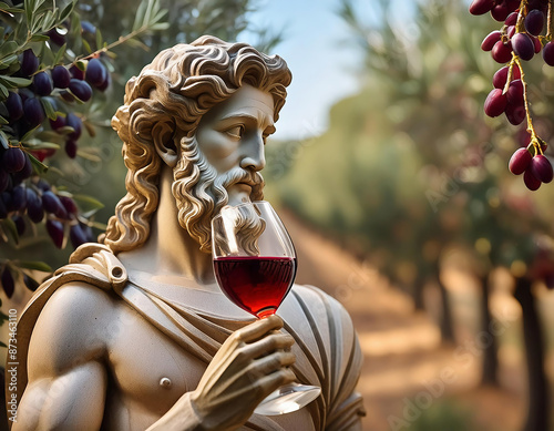 Ancient Greek statue with a glass of red wine on his hand in olive tree grove 