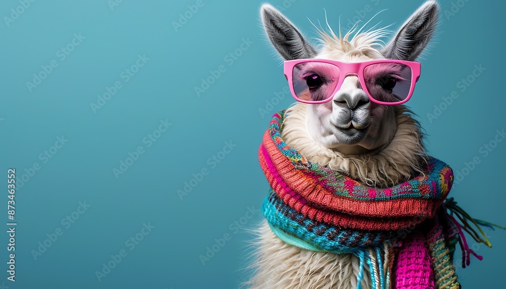 Llama with pink sunglasses and a colorful scarf, teal background Llama with pink sunglasses and a colorful scarf, teal background