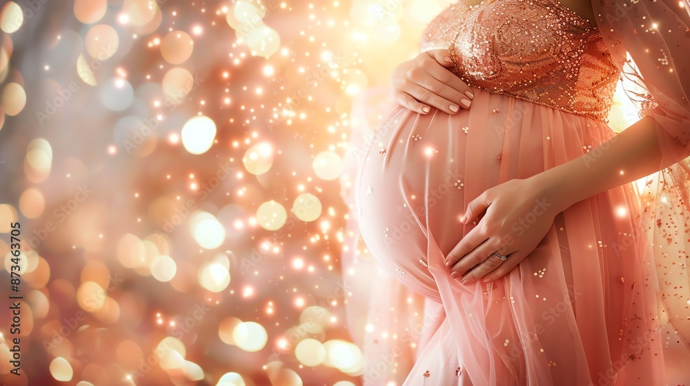 Pregnant woman in a pink dress with a sparkling background, closeup of the belly, soft bokeh lights Pregnant woman in a pink dress with a sparkling background, closeup of the belly, soft bokeh lights