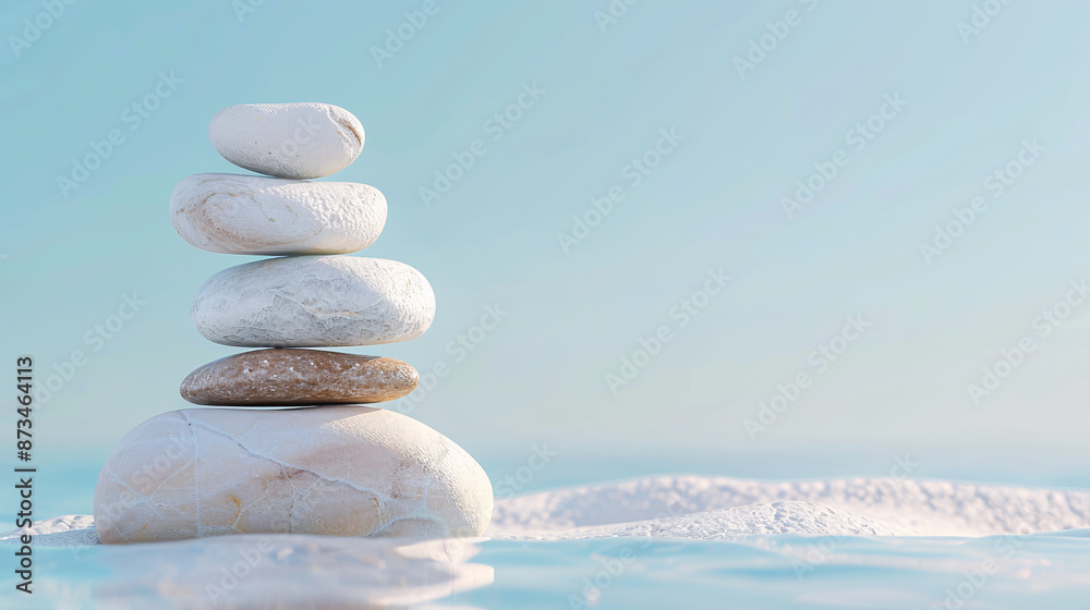 White sea pebble stone stack on light blue background White sea pebble stone stack on light blue background