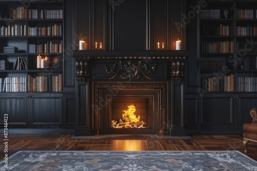 Large traditional fireplace with roaring fire.