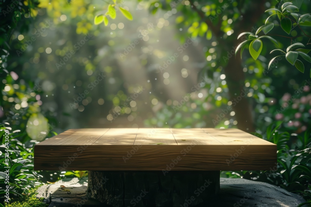 empty wooden tabletop podium in garden open forest, blurred green plants background empty wooden tabletop podium in garden open forest, blurred green plants background