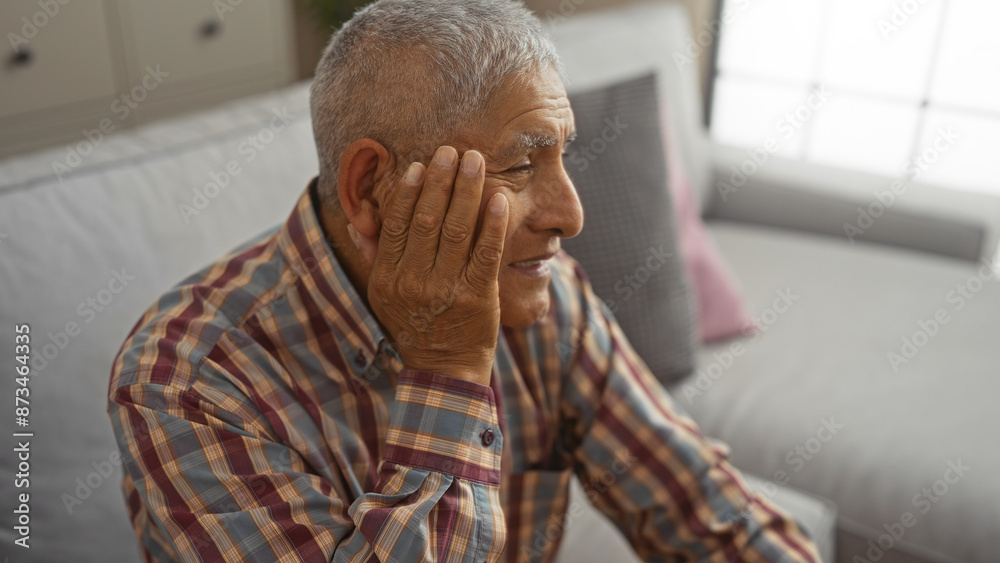 Senior hispanic man with grey hair sitting indoors at home on a couch, holding his face with his hand, wearing a checkered shirt, and looking thoughtful in a living room. Senior hispanic man with grey hair sitting indoors at home on a couch, holding his face with his hand, wearing a checkered shirt, and looking thoughtful in a living room.