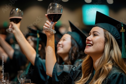 a woman in a graduation gown holding a wine glass