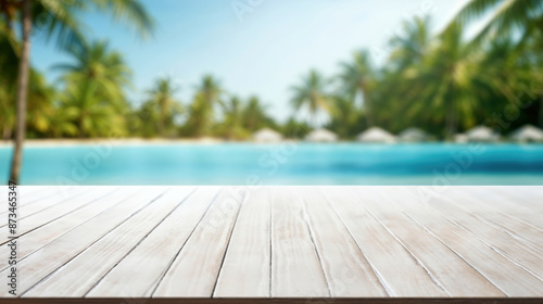 Fototapeta Naklejka Na Ścianę i Meble -  Empty wooden tabletop providing space for product placement against idyllic tropical beach scene