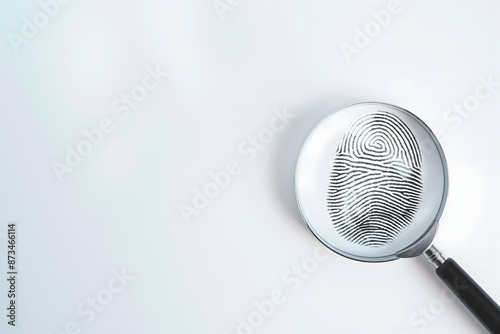 A single fingerprint focused with a magnifying glass on a white wallpaper with copy space. Concept World Fingerprint Day. September 1