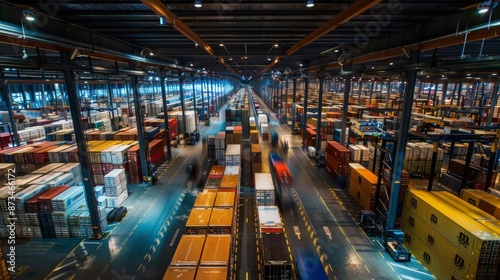 A state-of-the-art logistics hub featuring rows of containers and crates under specialized lighting, showcasing the efficiency of international supply networks, photography style