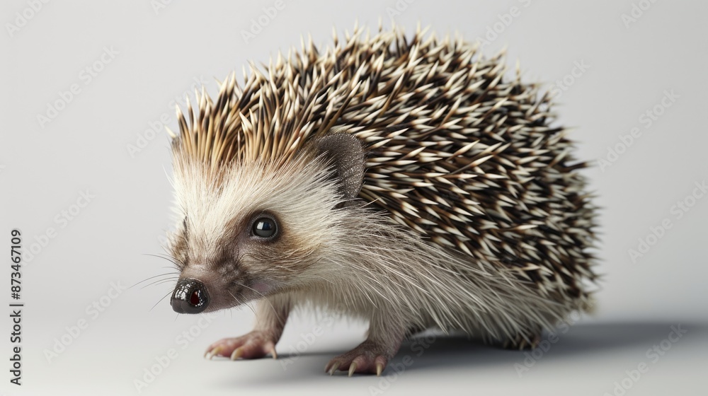 Fototapeta premium A small, furry animal with a pointed snout and long, sharp spines. It is standing on a grey surface
