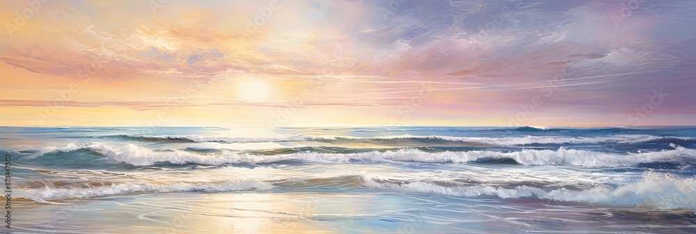The painting captures a breathtaking sunset over the ocean, showcasing a beautiful natural landscape with water, clouds, and a colorful sky in the afterglow of dusk The painting captures a breathtaking sunset over the ocean, showcasing a beautiful natural landscape with water, clouds, and a colorful sky in the afterglow of dusk