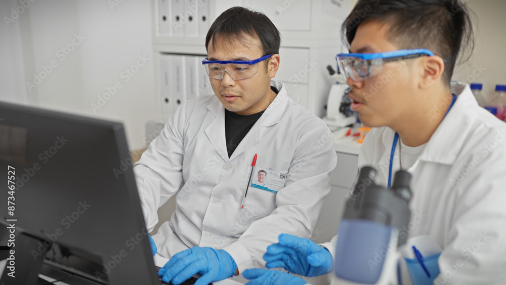 Two men in lab coats and safety glasses working on a computer in a laboratory setting.