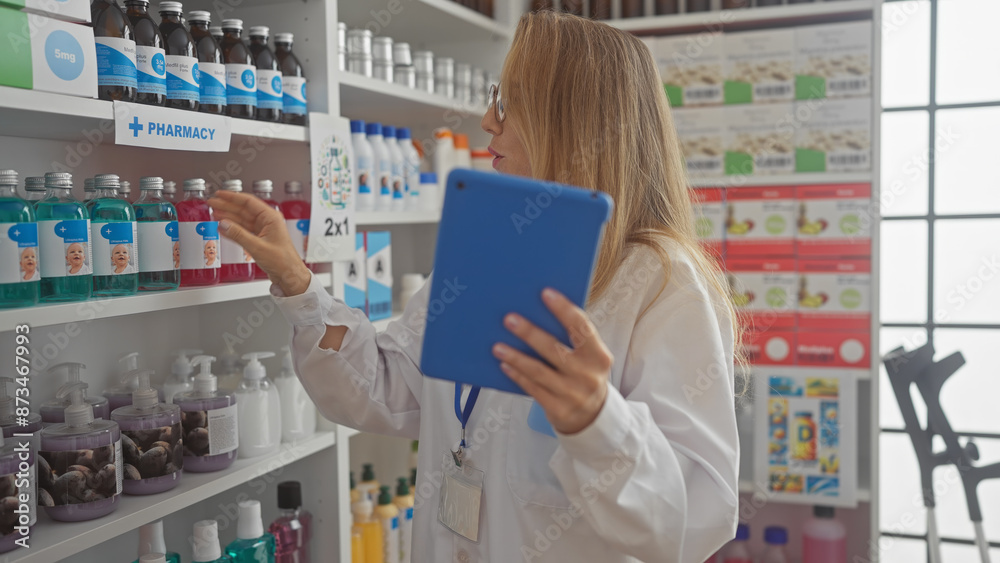 Blonde woman pharmacist in labcoat using tablet in drugstore,