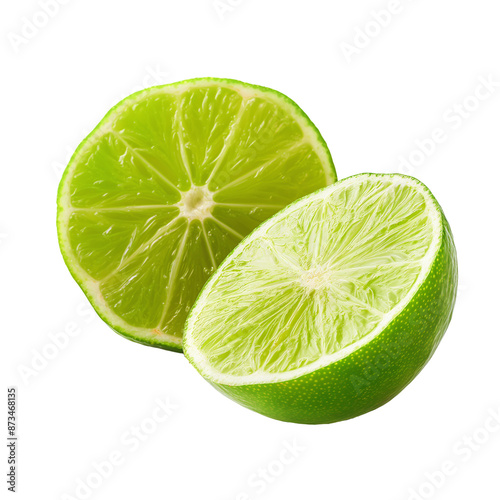 Green lime and halves isolated transparent background. Clipart for food packaging, recipe book and healthy eating promotion.