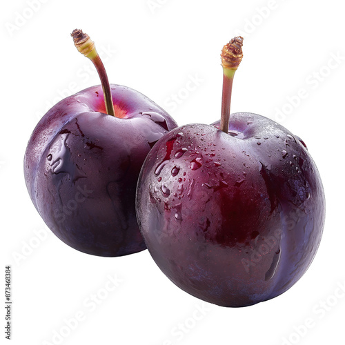 Purple plums isolated transparent background. Clipart for food packaging, recipe book and healthy eating promotion.