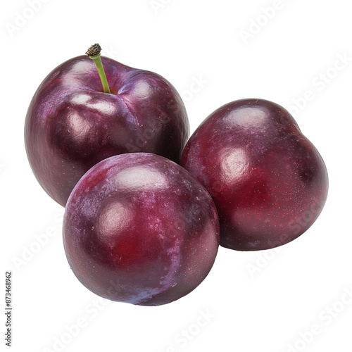 Purple plums isolated transparent background. Clipart for food packaging, recipe book and healthy eating promotion.