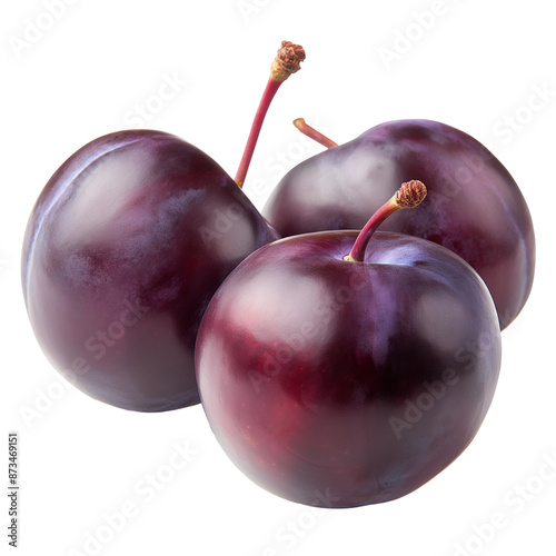 Purple plums isolated transparent background. Clipart for food packaging, recipe book and healthy eating promotion.
