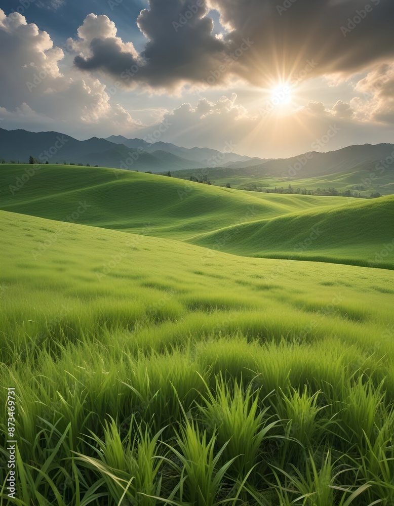 Obraz premium Natural landscape of grass field behind sunshine and clouds