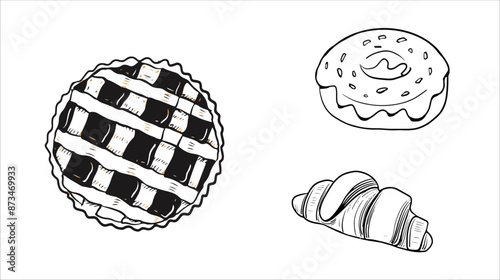 Set pie, donut, croissant isolated, line art, sketch