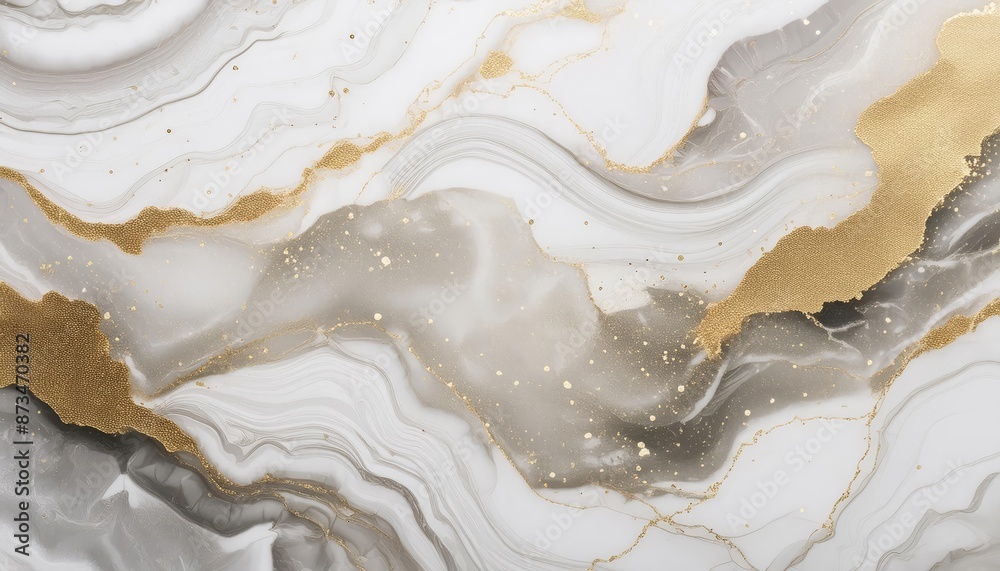 Luxurious white ink marble-like abstract texture with golden dust and agate stone swirls , generated by AI. High quality photo