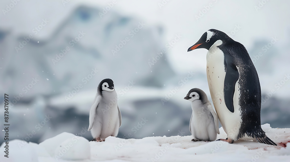 Obraz premium an adult penguin and a juvenile penguin standing on a snowy surface. The adult penguin appears to be watching over the younger one