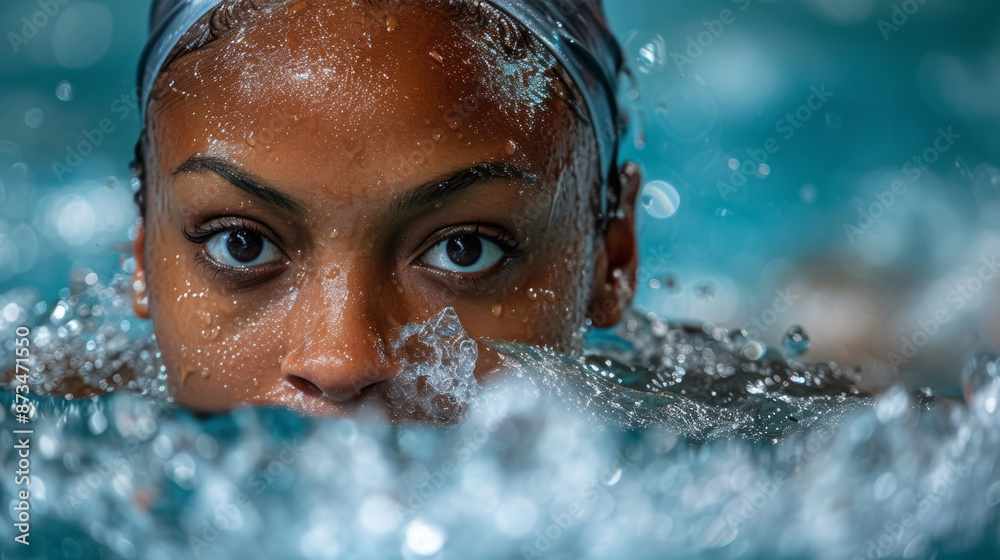 The face of a dark-skinned girl athlete in the water with splashes at competitions in the pool The face of a dark-skinned girl athlete in the water with splashes at competitions in the pool