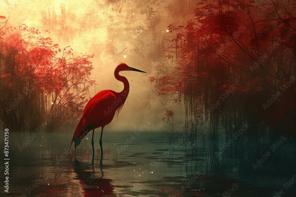 Fototapeta premium Elusive Red bird on lake swamp. Coast shore head beak wing. Generate Ai