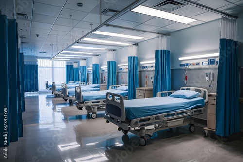 Modern hospital room with patient beds, medical devices, blue curtains, polished floors photo