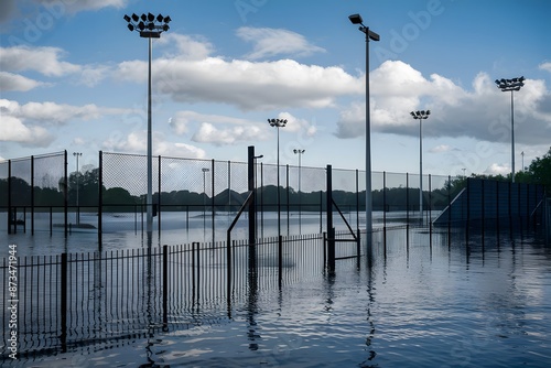Flooded Sports Court water near top of fences, illuminated by tall light poles photo