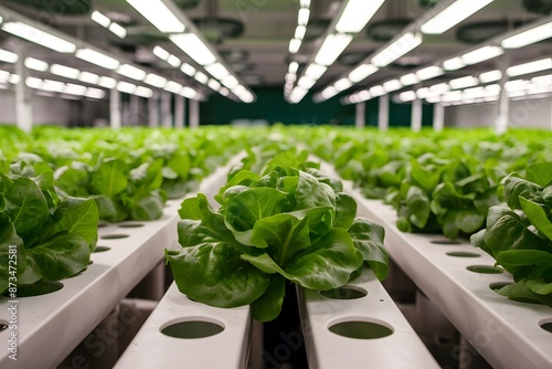 Indoor Hydroponic Farm rows of green lettuce, trays with drainage holes, controlled environment photo