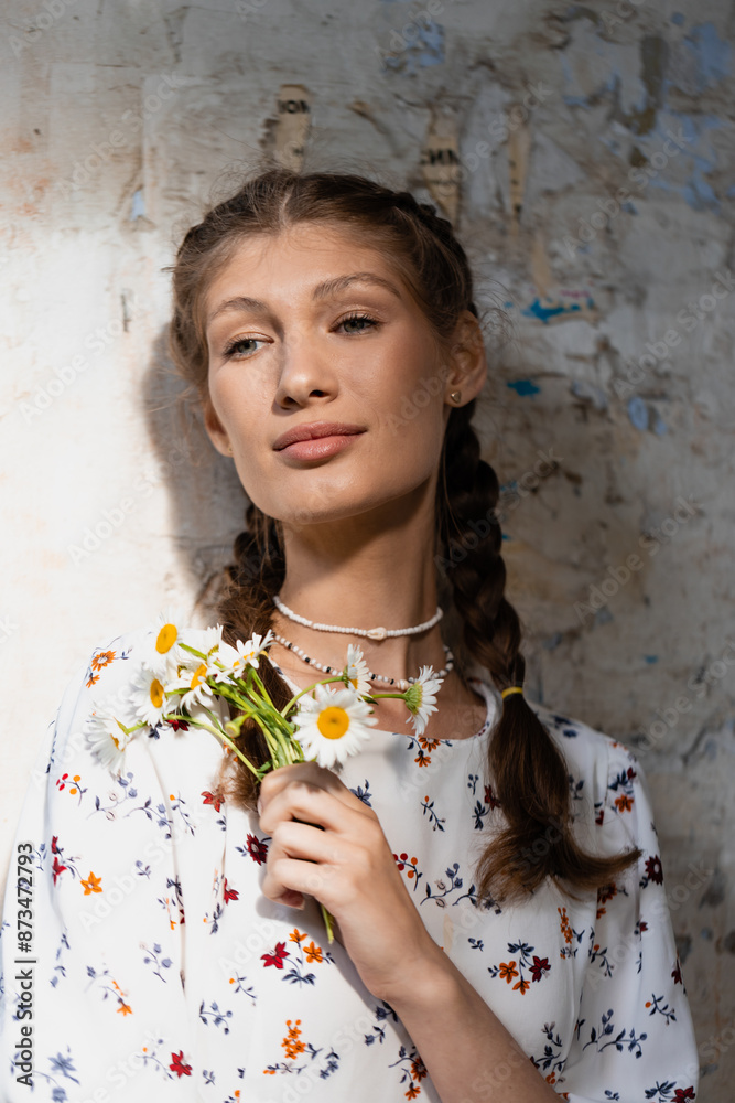 Fototapeta premium young girl on a hot summer day in a light dress holding a romantic mood with a chamomile flower close to her face against the background of an old house in the shade
