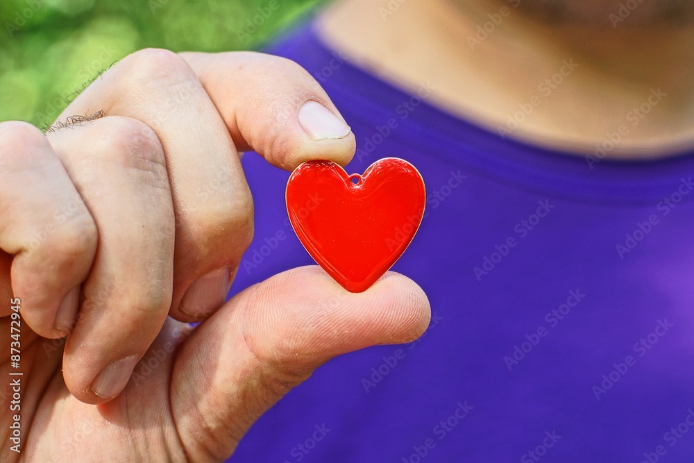 Fototapeta premium one small red shiny iron beautiful romantic love heart in hand on purple background