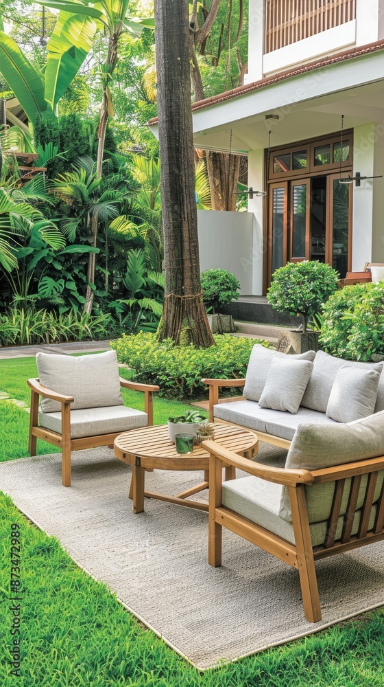 Obraz premium A curved stone pathway leads from the lawn to a stone patio in front of a house with a large glass back door