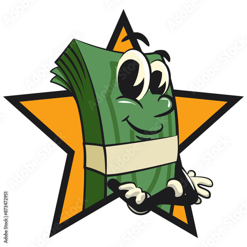 character of a bundle of cash money cartoon vector isolated clip art mascot illustration out from of a star with thumbs up, work of hand drawn