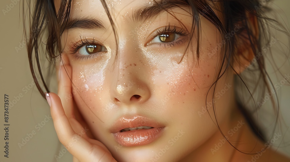 Close-up portrait of young Asian beautiful woman with K-beauty make up style and healthy and perfect skin isolated on beige background for skincare commercial product advertising. Close-up portrait of young Asian beautiful woman with K-beauty make up style and healthy and perfect skin isolated on beige background for skincare commercial product advertising.