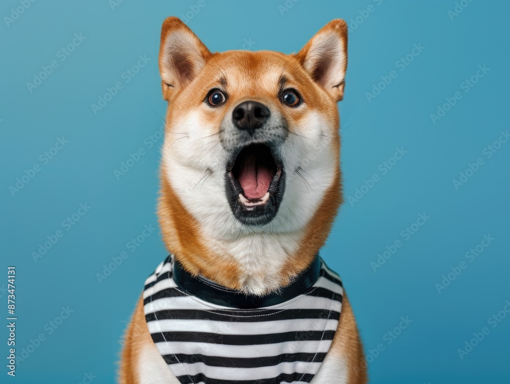 A dog with a black and white striped bandana around its neck is standing in front of a blue background